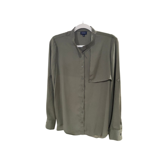 Who What Wear Long Sleeve Poplin Olive Green Blouse - Size Large (EUC) - Picture 1 of 6